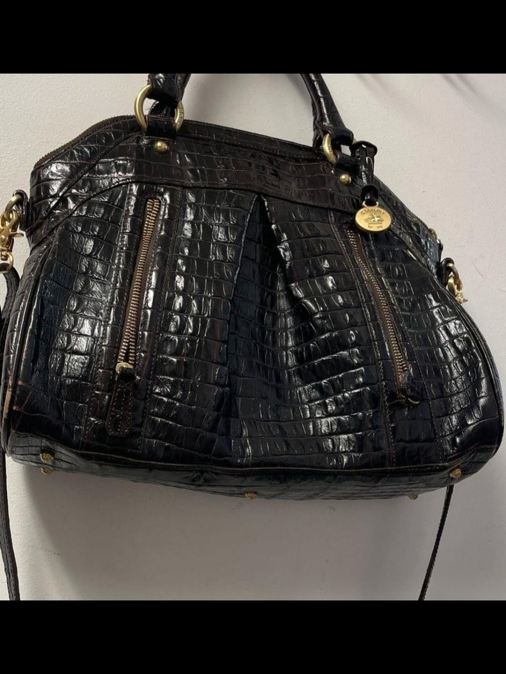Sold!! Brahmin Black/Brown Croc-Embossed Satchel with Gold Hardware - Picture 7 of 9